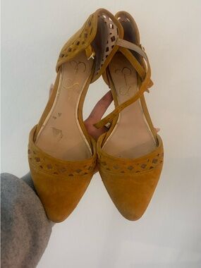 Jessica Simpson Mustard Suede Pointed D'Orsay Flats with Ankle Strap